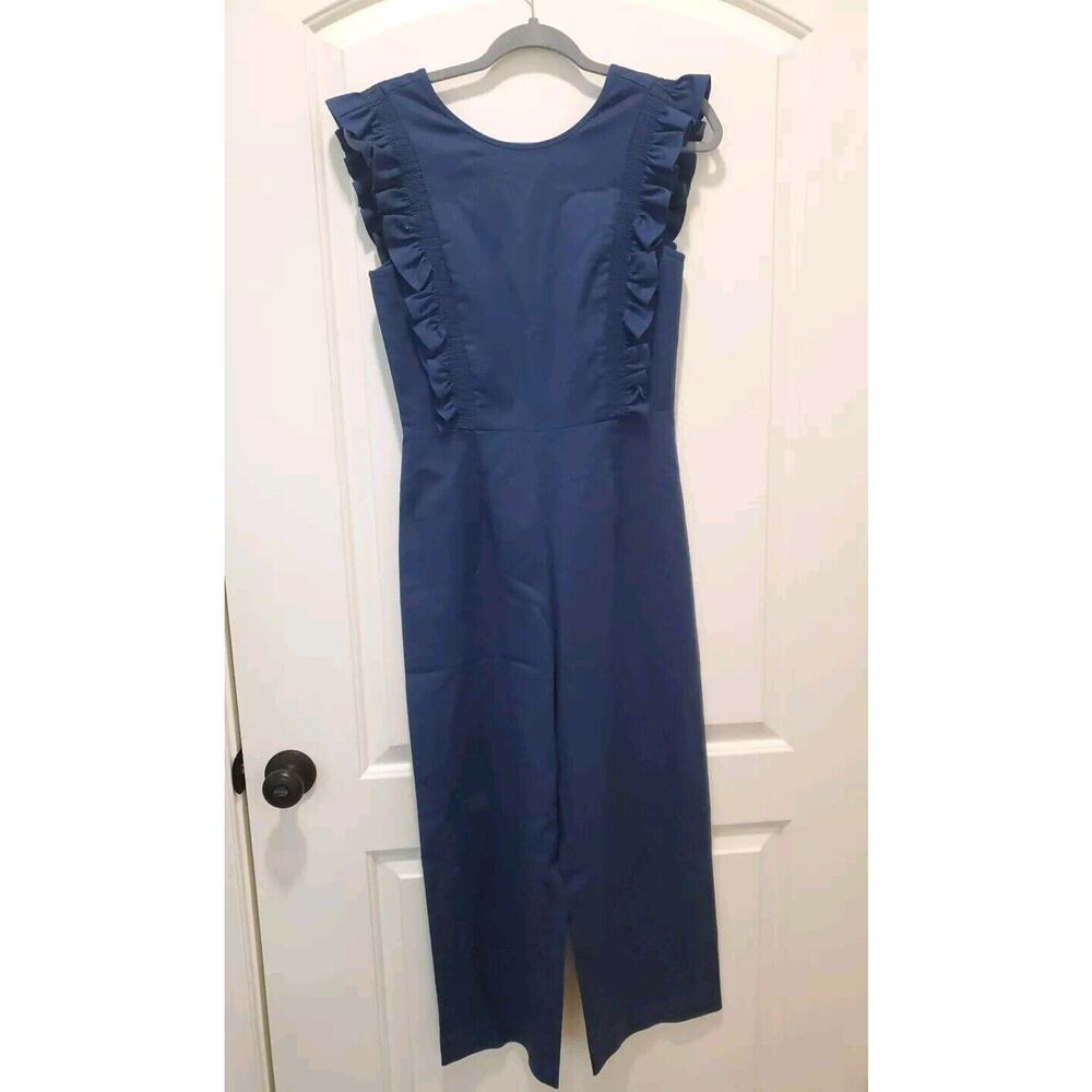 GB Gianni Bini Dark Blue Jumpsuit Romper Size 4 Cotton Stretch Ruffle Shoulder